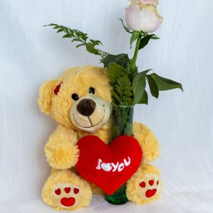 PELUCHE OSO CON JARRÓN Y ROSA